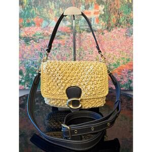 EUC Coach CA032 Soft Tabby Bag In Natural Straw w/ Black Leather Trim